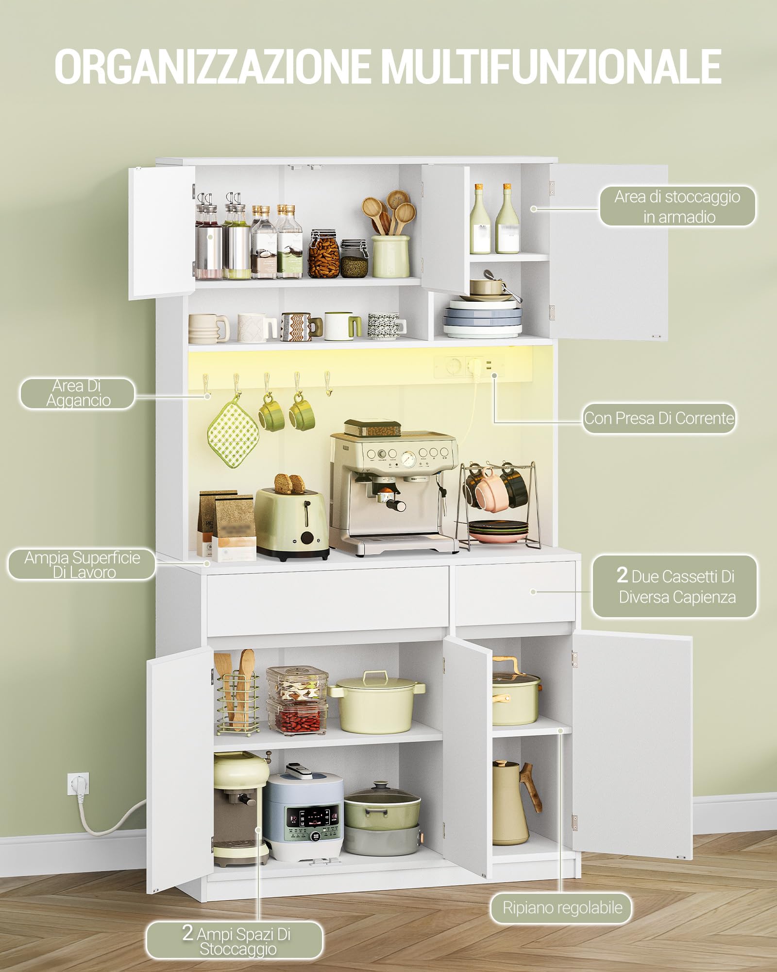 Hzuaneri Credenza Cucina Alta, Credenza Soggiorno, con Multipresa e Striscia Luminosa a LED, Ampia Superficie di Lavoro, Ripiani Regolabili, Cucina, Soggiorno, 40 x 100 x 180 cm, Bianco PT00203XEU