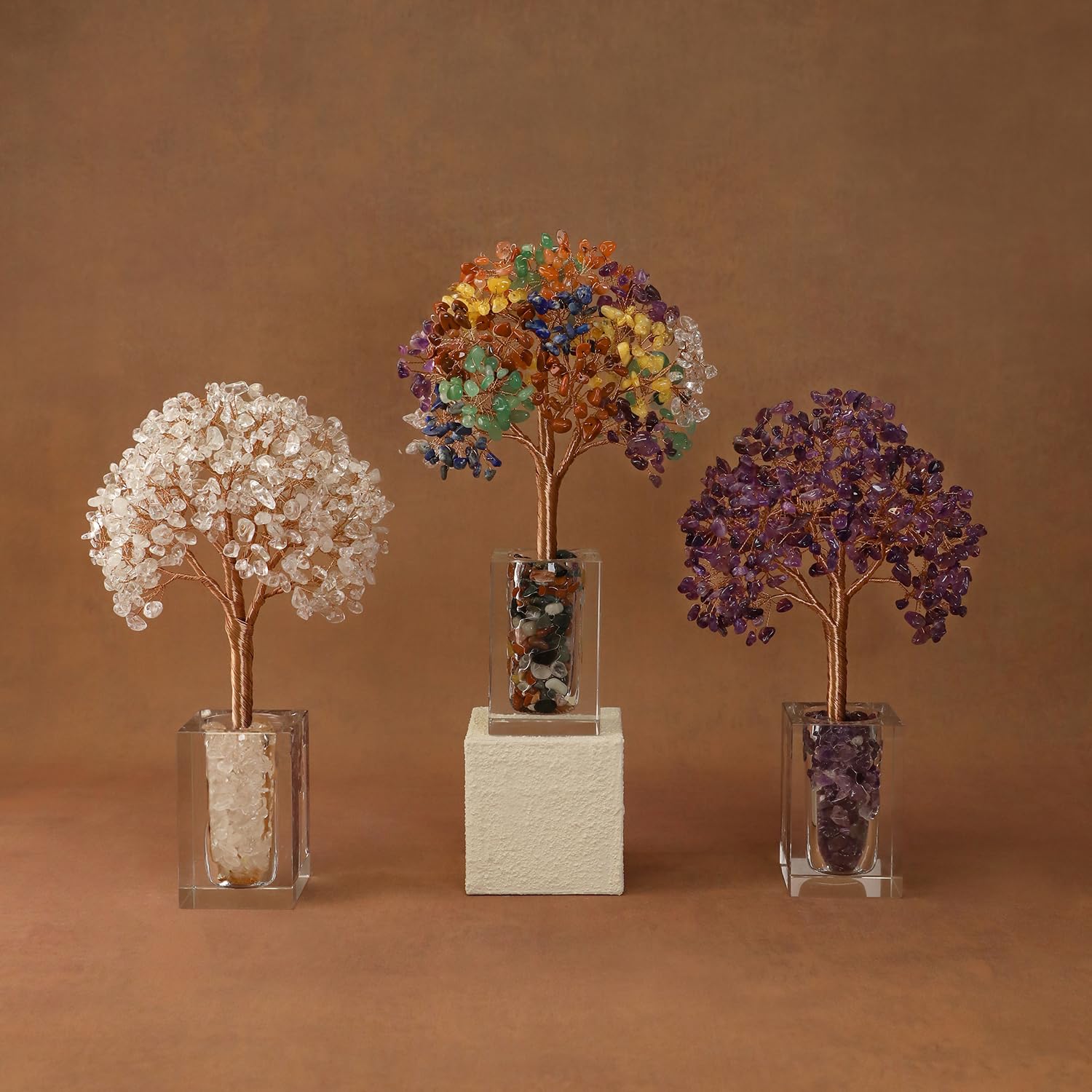 Magic & Miracles Árbol de la Vida Bonsái de Cuarzo transparente Natural con 486 Piedras Base de Cristal Decoración Feng Shui para Salón Dormitorio y Oficina Regalo Espiritual, 23 cm