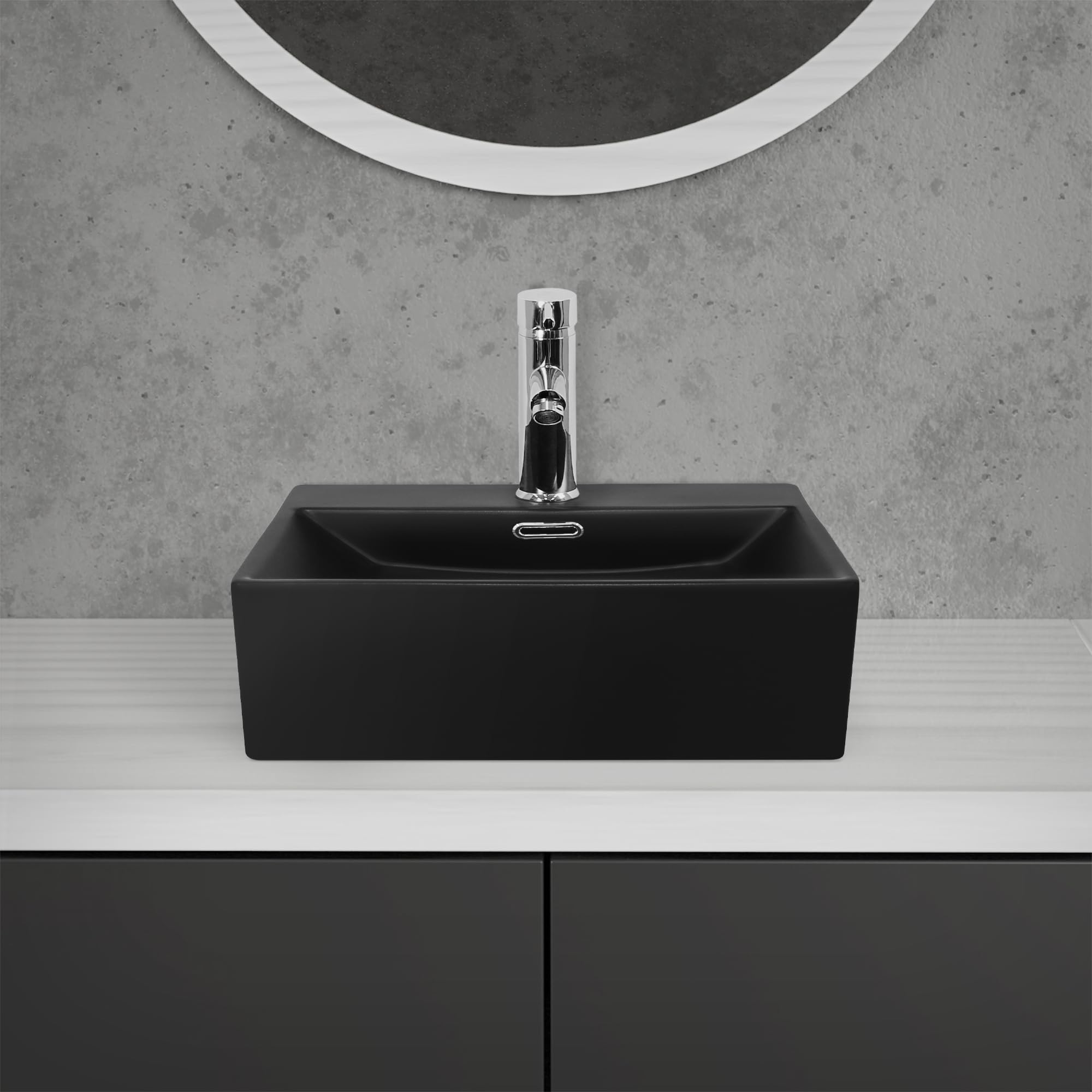 LuxeBath Lavabo en Céramique Noir Mat 415 x 360 x 130 mm, avec Trop-plein et Trou de Robinetterie, Design Moderne et Élégant, Vasque de Salle de Bain/WC à Poser ou Montage Mural, Facile à Installer