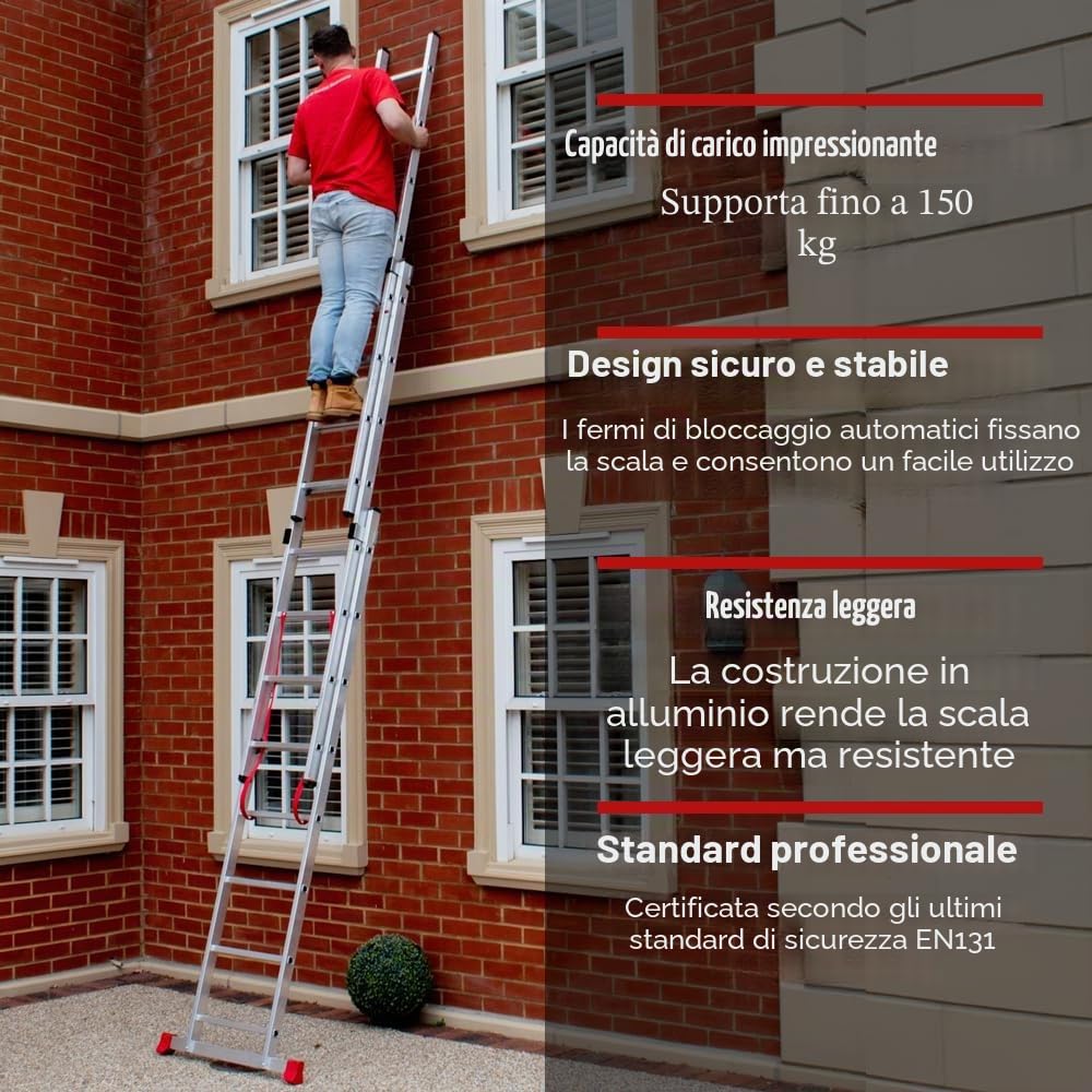 Scala estensibile a 3 sezioni Home Master® | Alluminio leggero | Barra stabilizzatrice | 150 kg | Certificazione EN131 | Dimensioni: 3 x 10