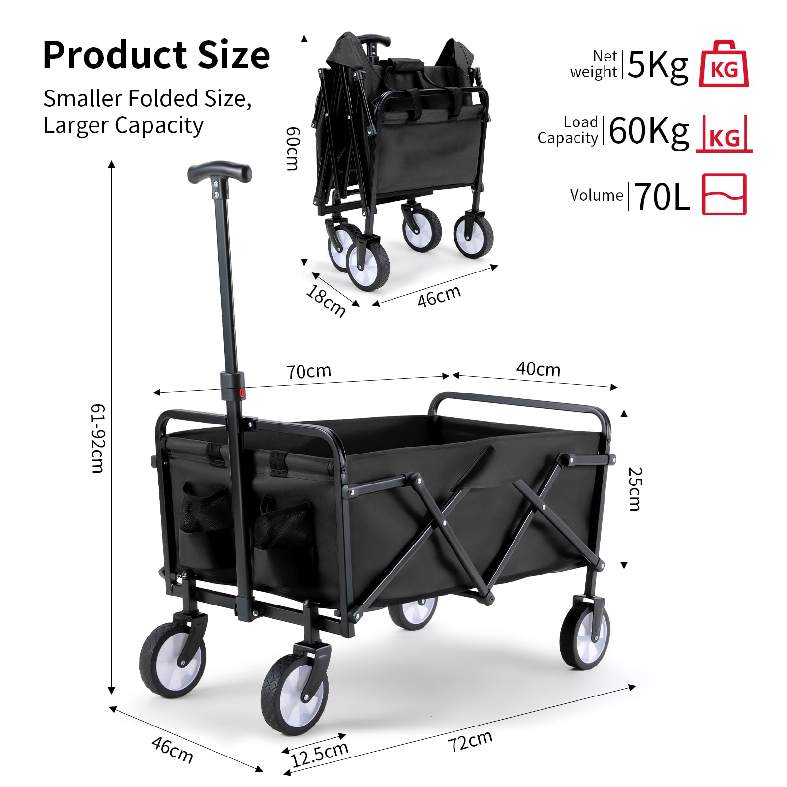 LIFERUN Carro Plegable, Carro de Jardín con Mango Ajustable, Bolsillos Laterales, Ruedas Todo Terreno, Capacidad de 60 kg, Carrito de Playa para Exteriores, Camping, Playa, Picnic, Compras
