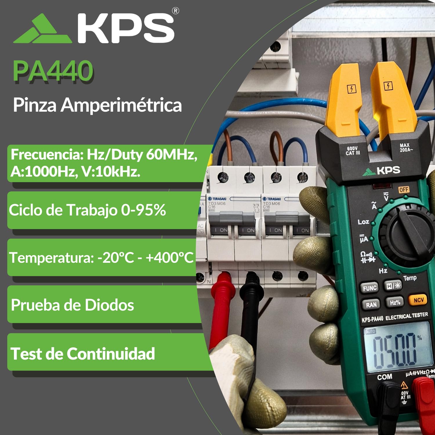 KPS-PA440 Pinza Amperimétrica Profesional con Maxilar Abierto - Multímetro Digital con Medición de Corriente AC 200A, Corriente DC 1000µA, Voltaje AC/DC 600V, Temperatura, Frecuencia, Capacidad y NCV