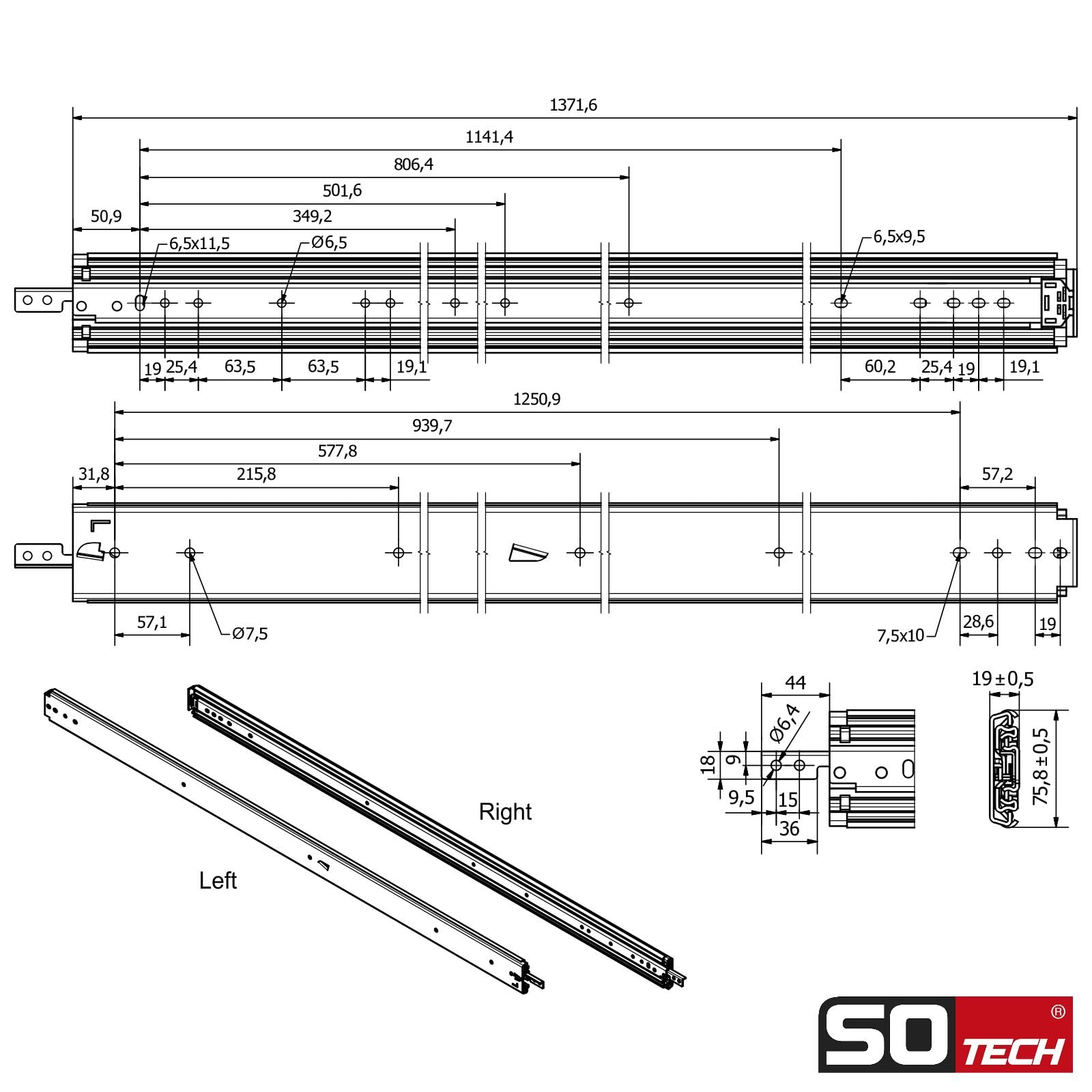 SOTECH VarioSlide Pat. Schubladenauszug Komplettset Schwerlastauszug KV2-200-H76-1350 EH 1350 mm bis 200 kg Einhandverriegelung schwarz eloxiert für Schubladen mit Front bis 600 mm Breite Caravan