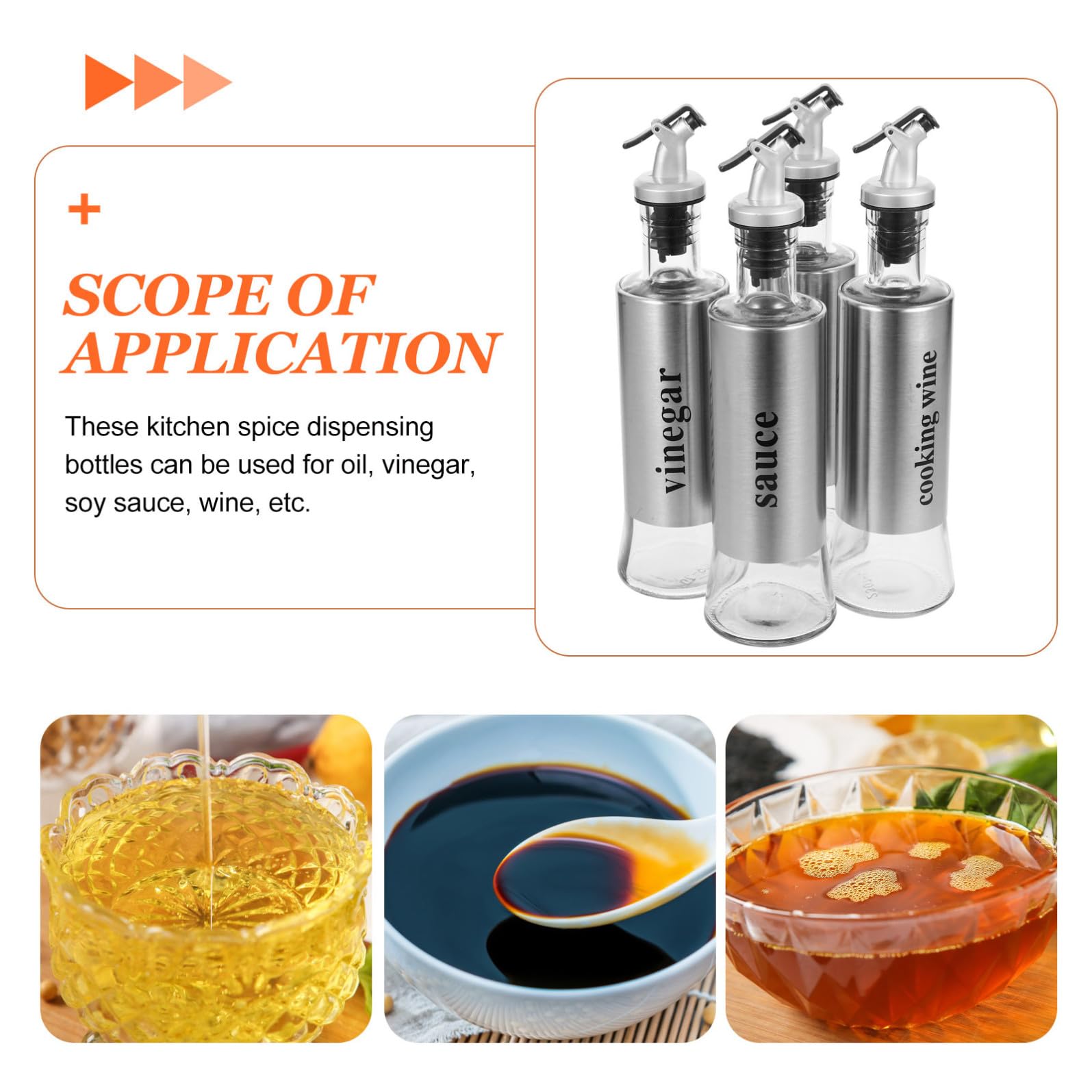 Dispenser e Aceto in Vetro Design Antigoccia Set 4 Bottiglie da 300ml in Inox Argento per Cucina Domestica