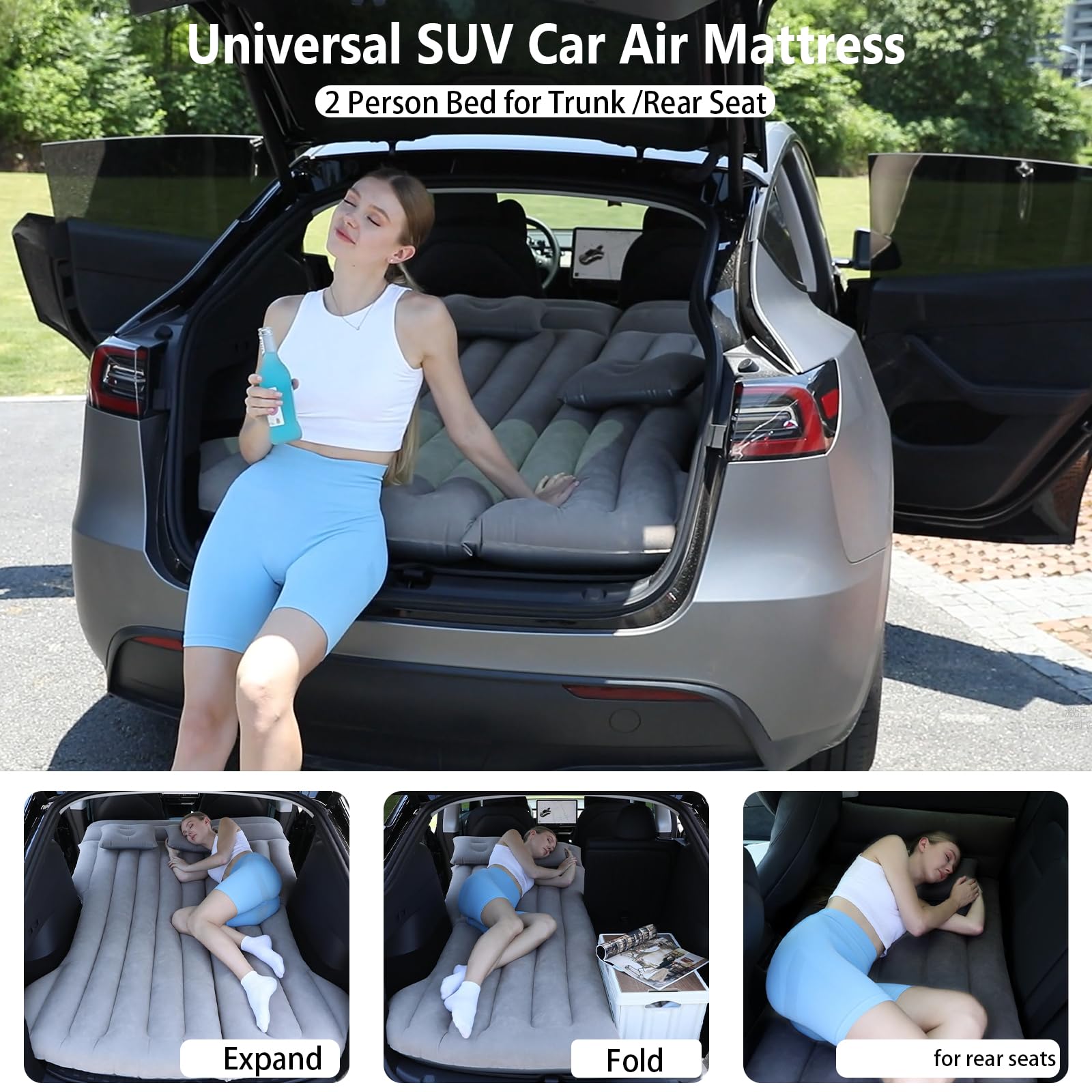 Materac samochodowy Rainpal do bagażnika SUV, szary | Podwójne nadmuchiwane łóżko samochodowe do bagażnika i tylnych siedzeń, składane z oddzielnymi komorami na podróże i biwak