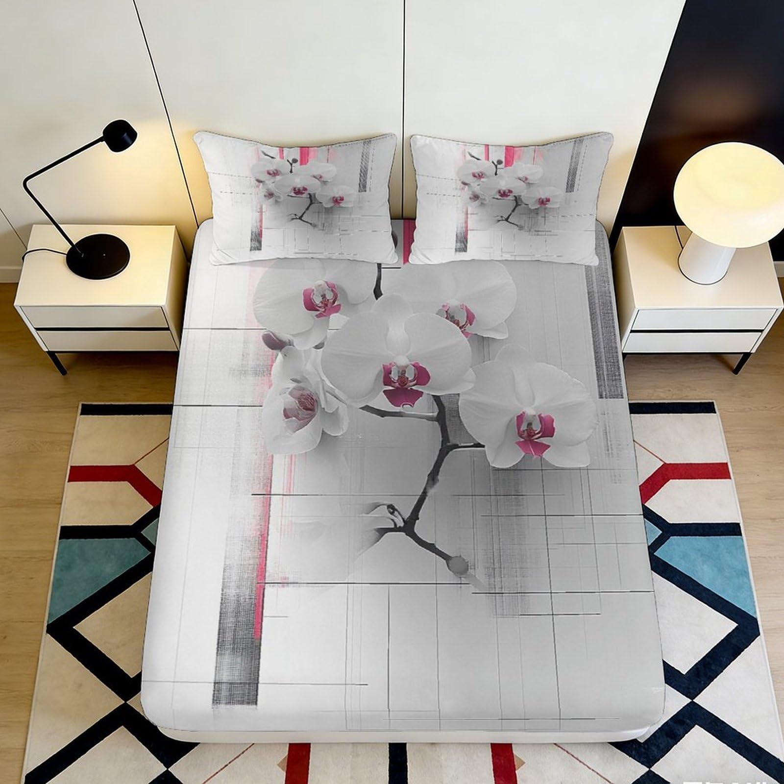 Jqzkxnhpbr Style-4 3D Printed Plum Blossom Fitted Sheet Microfiber Soft Grey Artistic Orchid Mattress Cover Bedroom Decor Anti-Slip 90X200x25cm