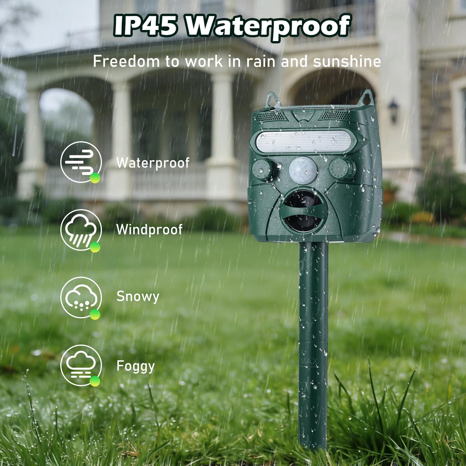 Ahuyentador Gatos, Exterior Solar Ultrasonidos Repelente Gatos con Sensor PIR Flash Estaca de Tierra Ahuyentador Palomas IP45 Impermeable con 5 Modos para Jardín Palomas Ratón Perro