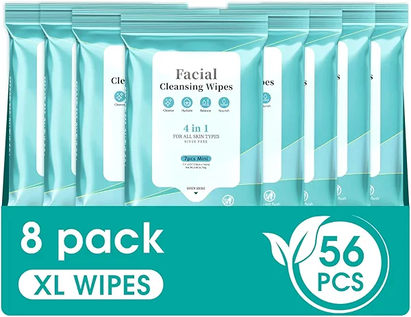 Facial Cleansing Wipes, Tea Tree Oil Extract for Face Cleansing, Salicylic Acid for Acne Treatment, Hydrating Pore Care for Sensitive Skin, Exfoliating & Soothing Double-Sided Cleansing Wipes (56PCS)