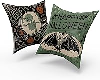 Vista 8 de Kawani Fundas de almohada de Halloween de 16 x 16 pulgadas, diseño de gatos aterradores, calabazas, esqueletos, murciélagos, juego de 2 almohadas