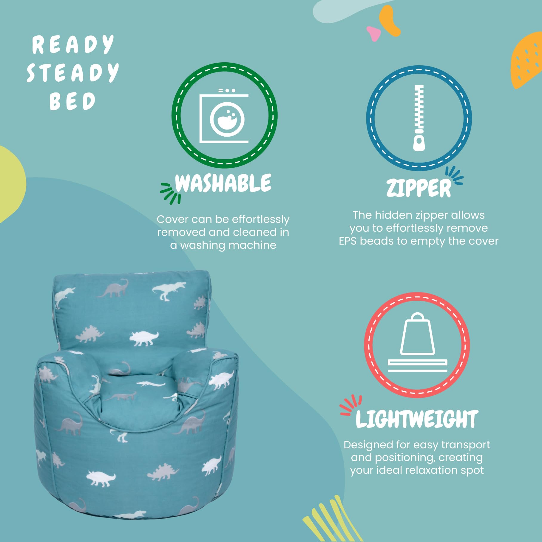 Ready Steady Bed Poltrona per bambini, pouf, comoda mobilia per bambini, morbida e sicura per bambini, per sala giochi, sedia ergonomica (Rex)