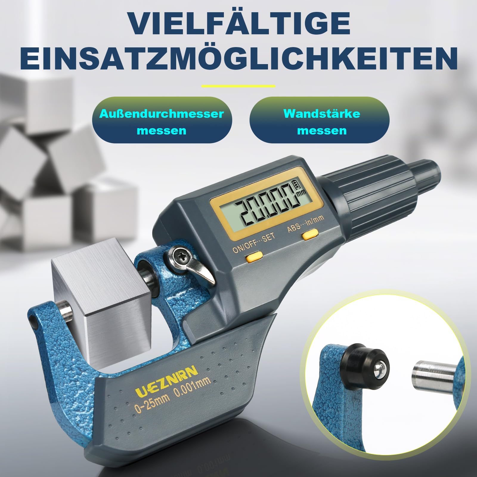 Ueznirn Calibro digitale 0-25 mm 0,001 mm/0,00003" | Micrometro digitale ad alta precisione, misuratore digitale LCD, con attacco per spessore della parete