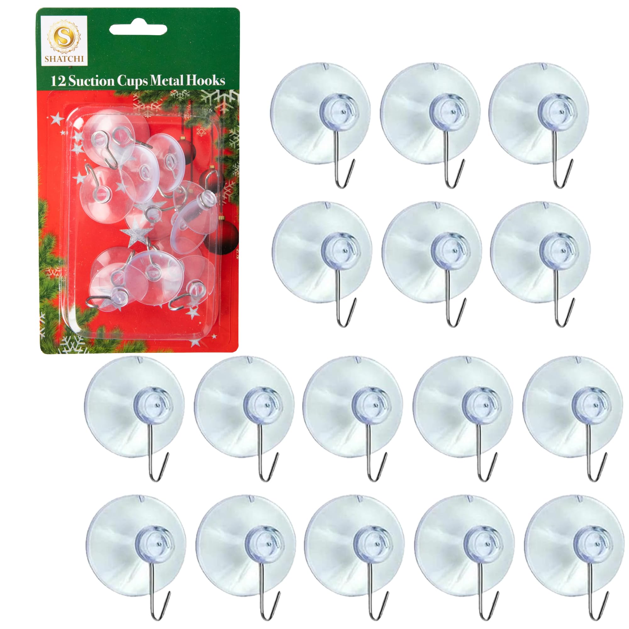 SHATCHI 12Pcs Suction Hooks – Rubber Sucker Pads with Metal Hook Heavy Duty 33mm Strong Hanging Hook for Christmas Decorations, Signs, Mirrors, Glass, Kitchen, Bathroom Walls