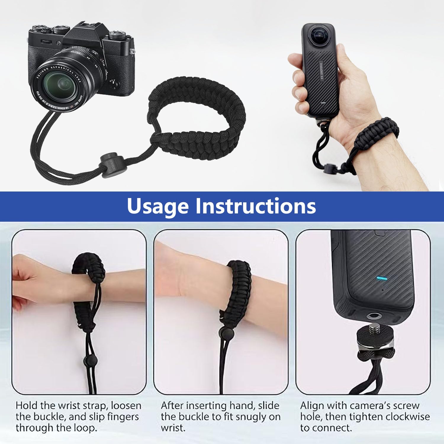 Sangle de Poignet pour Appareil Photo avec vis à Anneau en D de 1/4 Pouce, Sangle de Poignet Réglable pour Appareil Photo pour DJI Osmo Pocket 3 Poignée, Insta 360 X5/X4/X3, Osmo Mobile 7P/7/6/Se