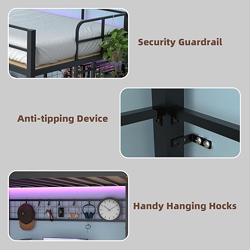 Miniatura 7 de Cama tipo loft de tamaño individual con escritorio, luces LED, estación de carga, base de cama industrial con 3 estantes de almacenamiento y 8