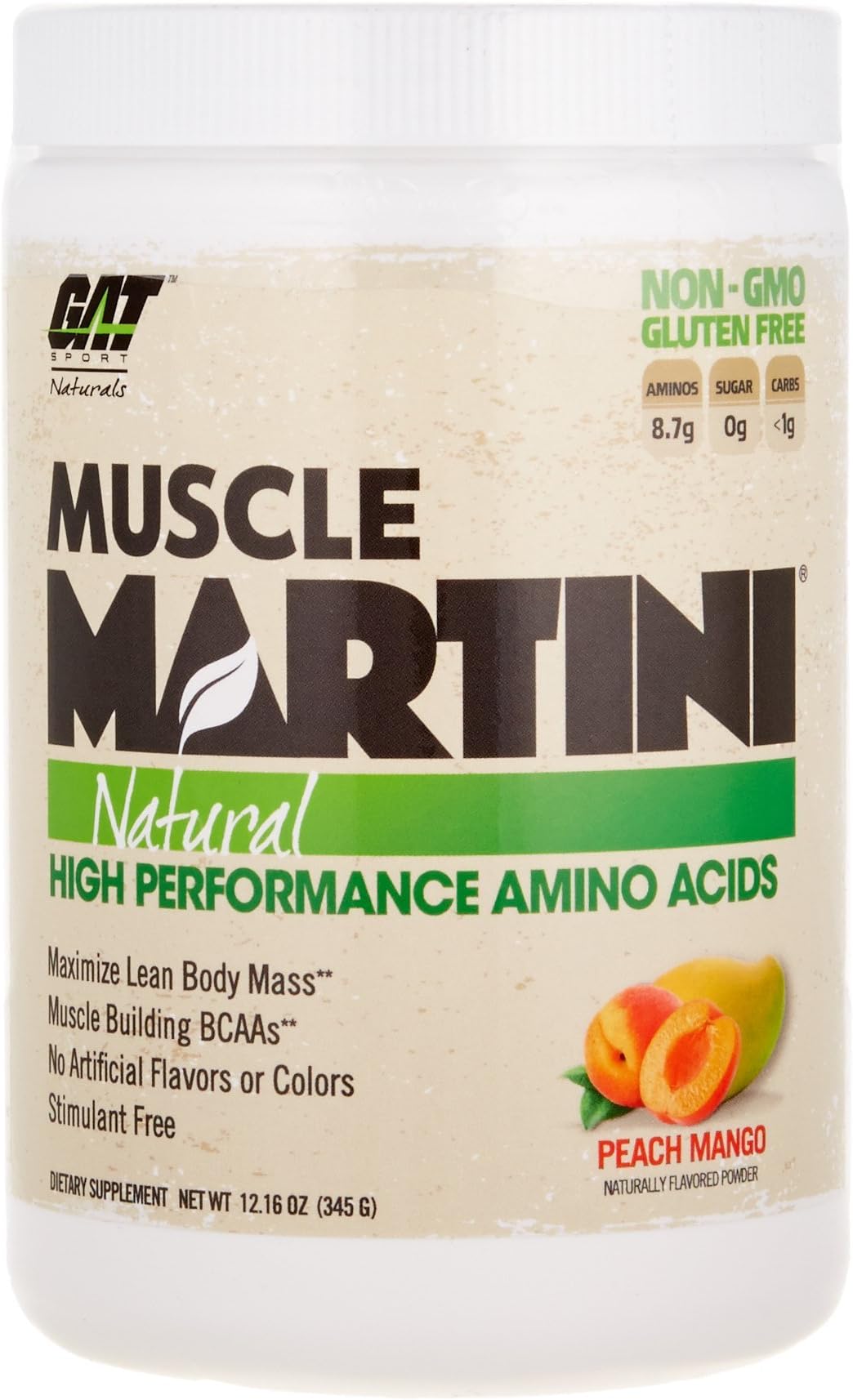 GAT Muscle Martini Natural BCAA Formula, High Performance Stimulant Free Muscle Building Amino Acids with No Artificial Flavors or Colors, Peach Mango, 30 Sv