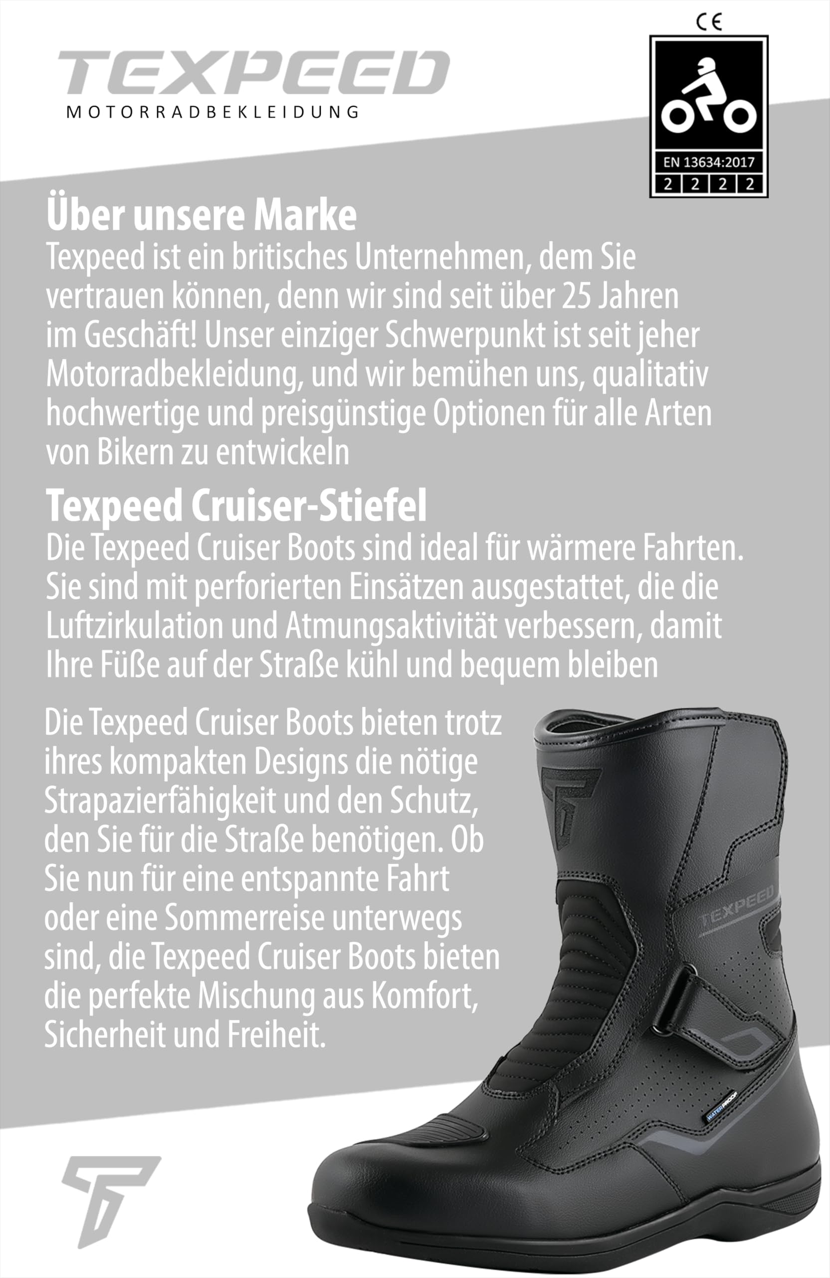 Texpeed Motorradstiefel Herren Leder – Cruiser, 100% wasserdicht, kurzer Schaft, CE-geprüft, Touring-Bikerschuhe – Schwarz - EU 42