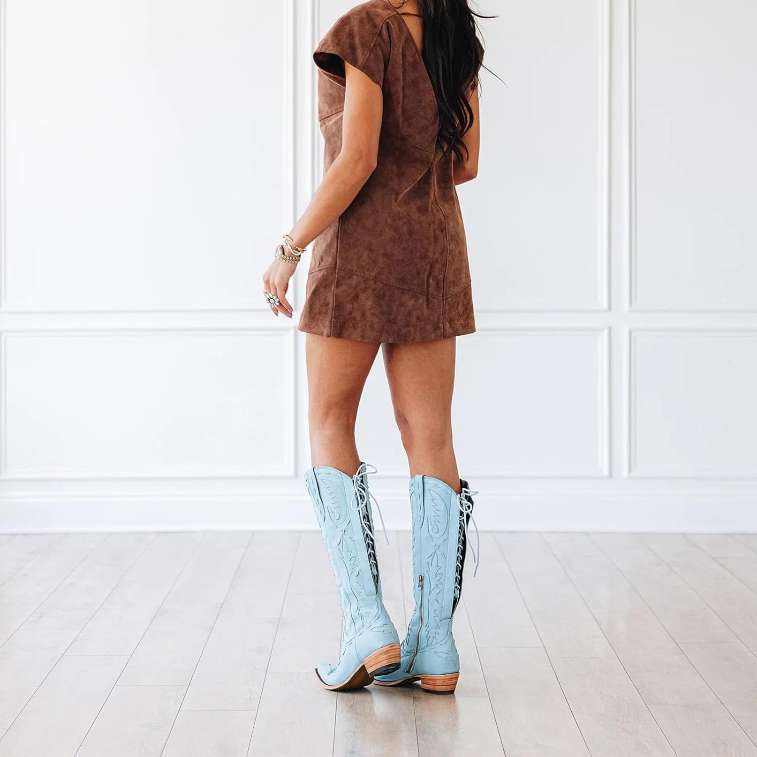 Knee High Cowboy Boots for Women Pointed Toe Side Zipper Cowgirl Boots Women's Lace up Chunky Heel Western Boots - Image 4