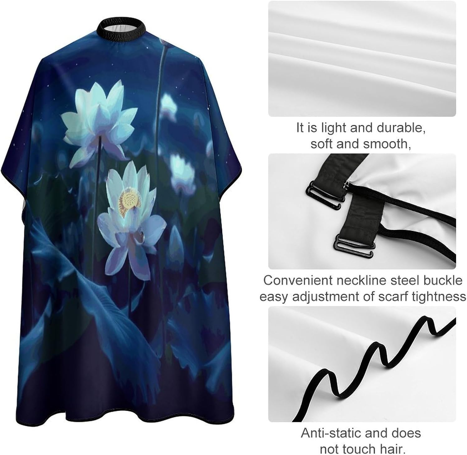 Night Lotus Flowers Apron for Women Men,Barber Cape with Adjustable Snap Closure,Hair Cutting Cape,66.9 X 56.7 Inches for Hair Dye, Comb-out, Styling, Shampoo