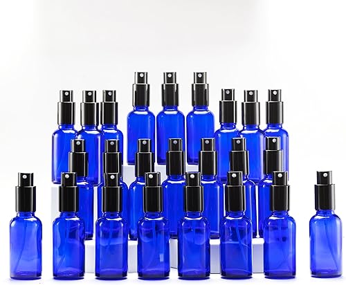 YIZHAO Botellas de vidrio azul de 1 oz, con pequeño aerosol de niebla fina, tapa de metal, recargable para aceite esencial, viajes, limpieza,