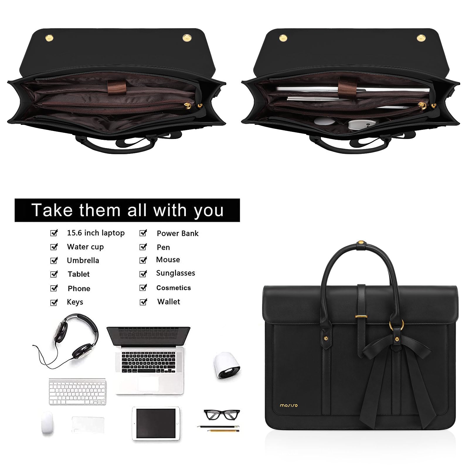 MOSISO Sacoche Ordinateur Portable femmes,15-15,6 Pouces Sac à Bandoulière Cuir PU Convertible en Sac à Dos, 16 Pouces Sac Messager,Sac à Main Sac d'ordinateur avec Noeud Papillon,Noir