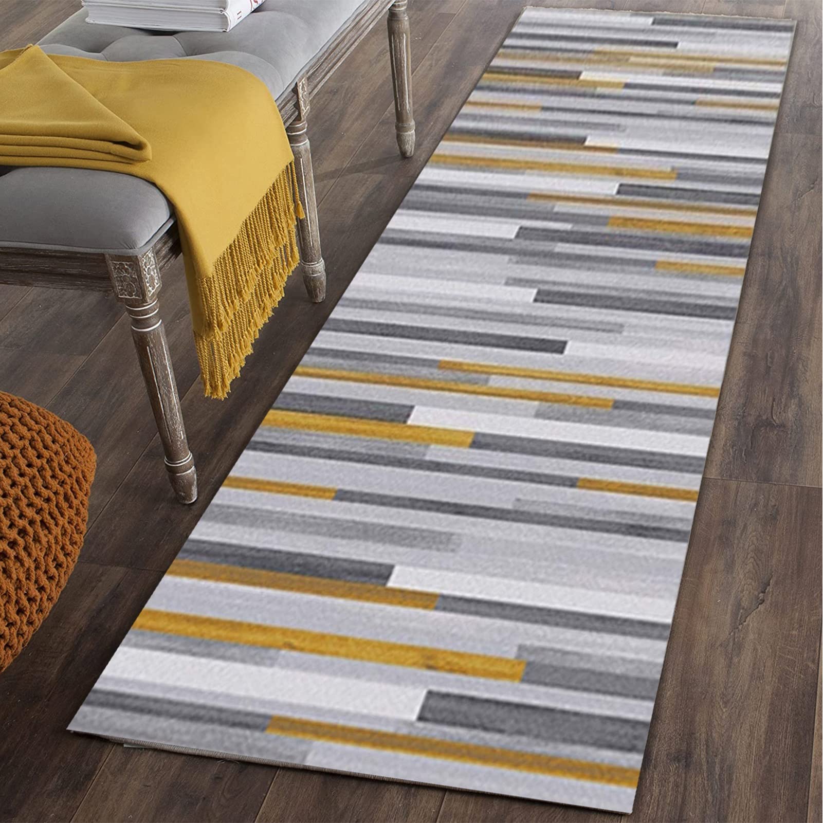 Lanmmraifc Grey/Yellow Runner Rug For Hallway Non Slip, Long And Stripe Carpet Polyester Do Not Fade For Corridor/Kitchen/Living Room Washable Rugs Home Floor Mats (Size : 60×200Cm/2Ft×6.6Ft)