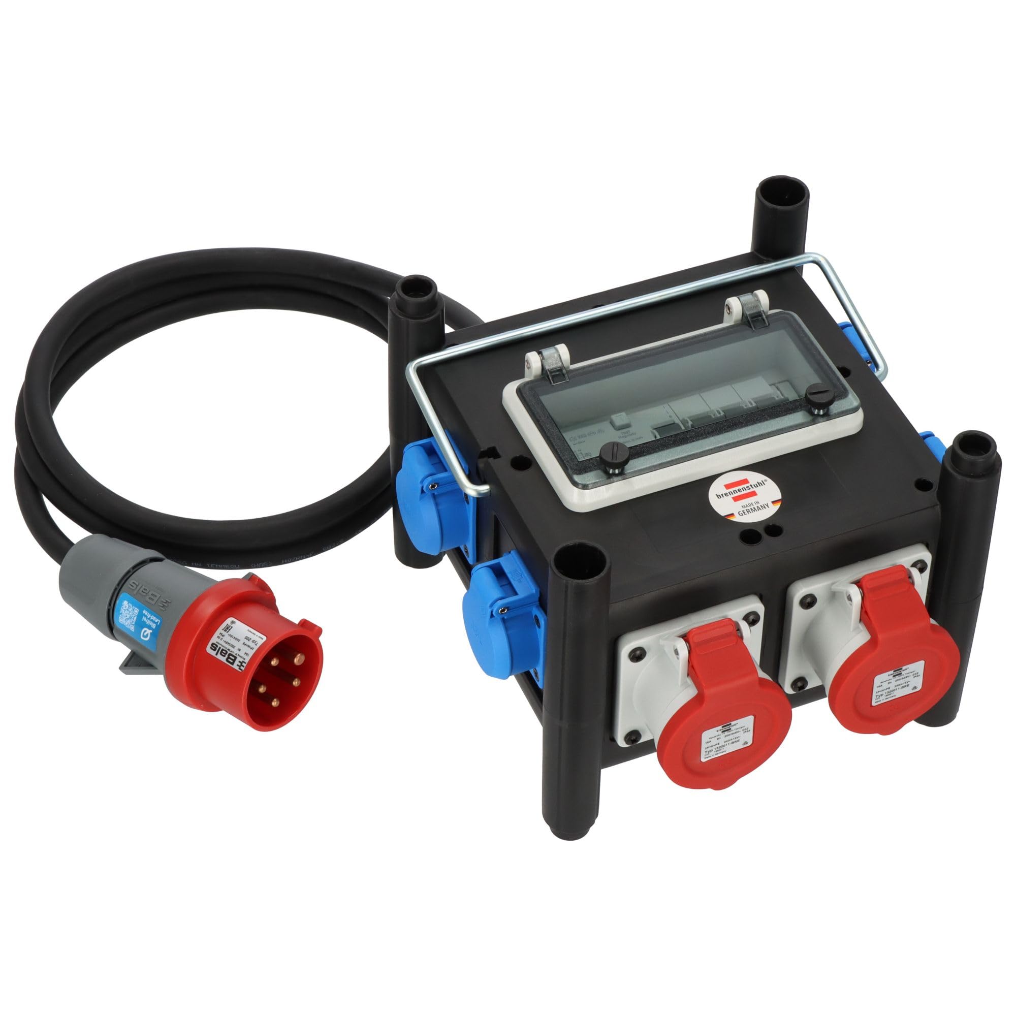 Brennenstuhl Kompakter Gummi-Stromverteiler 2m Kabel 2x CEE 400V/16A 5x 230V/16A FI-Schalter Made in Germany