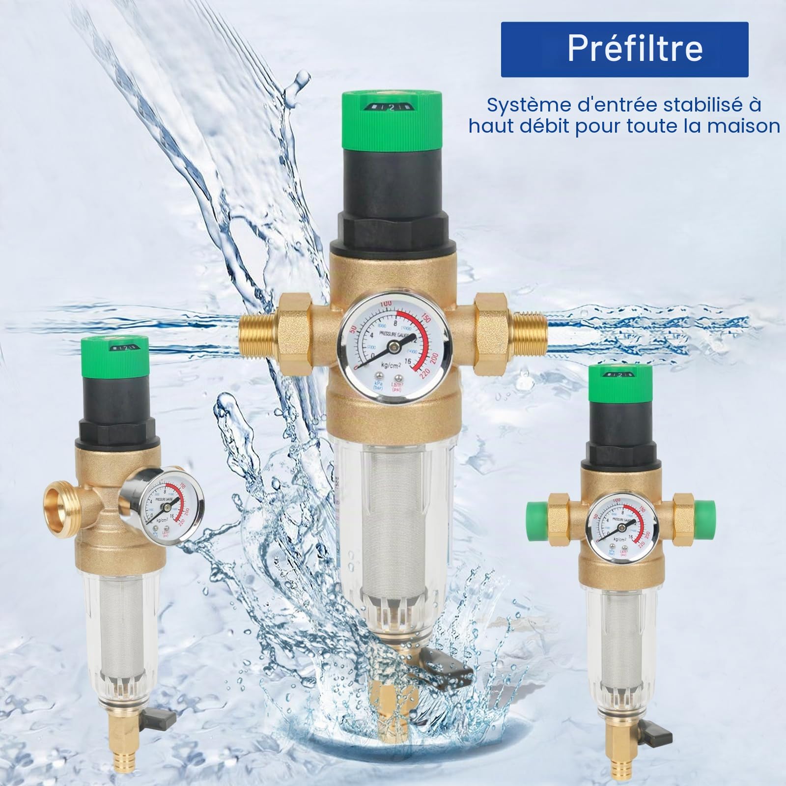 Filtre de rinçage, réducteur de pression, filtre à eau avec manomètre, réducteur de pression d'eau, pré-filtre à sédiments, filtre fin rinçable, filtre à eau Spin Down Sediment (1" avec adaptateur