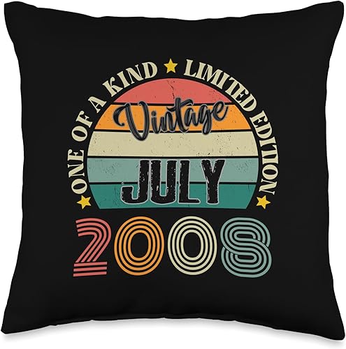 16 Year Old Vintage July 2008 16th Birthday Retro Throw Pillow, 16x16, Multicolor