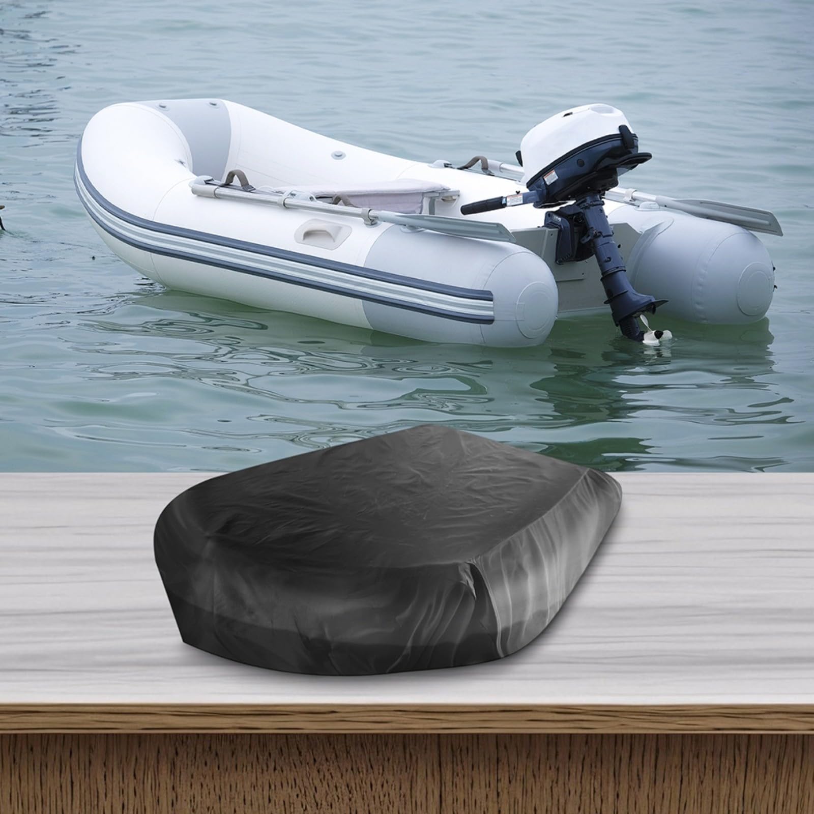 Telo protettivo gonfiabile Oxford 210D, impermeabile, resistente al sole, con coulisse di sicurezza, adatto per riporre gommoni, 470 x 210 x 46 cm, nero (420 x 210 x 46 cm)