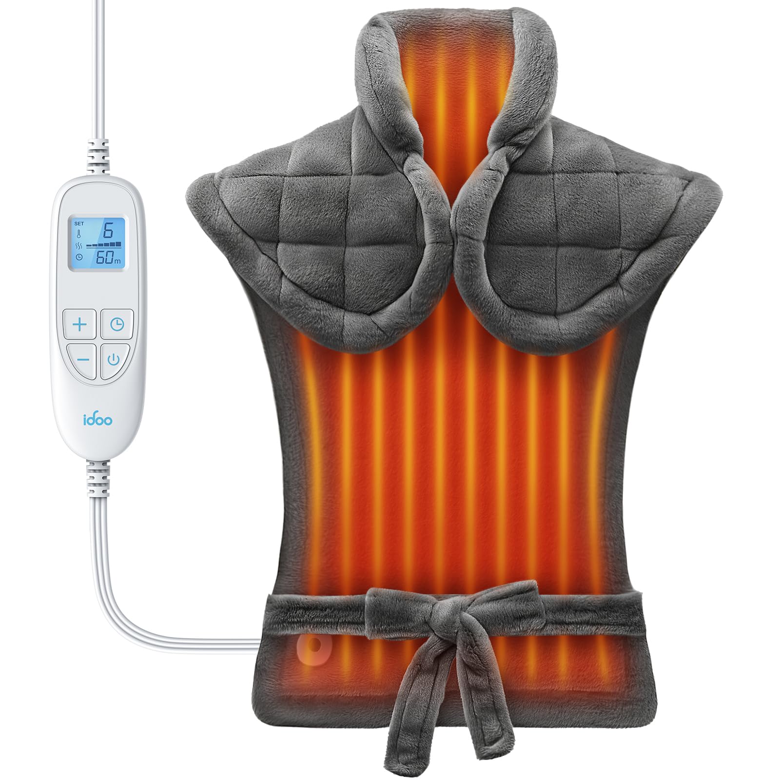 iDOO Manta Electrica Espalda y Cuello, Manta Electrica con Apagado Automático, 61x84 cm, Calentamiento Rápido, 6 Niveles de Temperatura y 3 Temporizadores, Franela Lavable Almohadilla Electrica