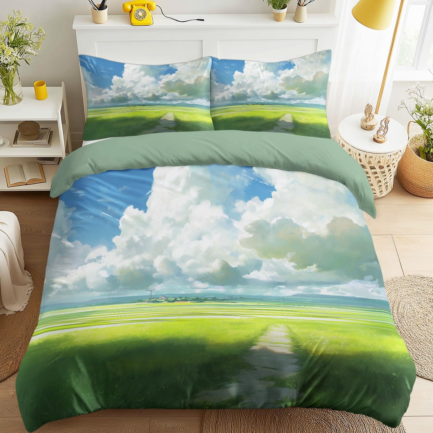 Bettwäsche 220 x 240 cm Mehrfarbig, Bettbezug Anime Cartoon Ruhig Natürlich Heilend Landschaft Felder Reversibel Atmungsaktiv Microfaser Bettwaren-Set für Kinderzimmer mit Reißverschluss