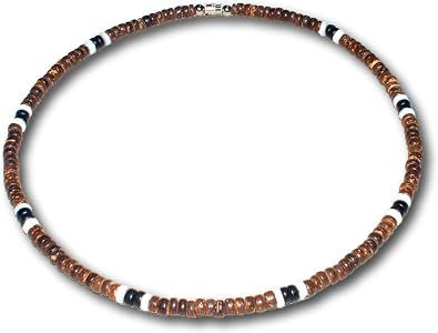 5mm Brown Coconut Bead Puka Style Necklace Choker with White Clam Heishi and Black Coconut Bead Accents, Surfer Beach Style Necklace for Men and Women, Handmade in the Philippines, Stainless Steel Cable Wire