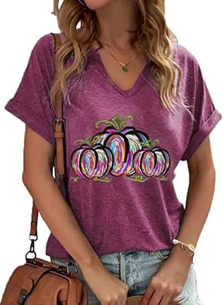 Thanksgiving V Neck Tshirt for Women Casual Fun Cute Pumpkin Autumn Shirts Thanksgiving Gift Tops Fall Pumpkin Tee Tops