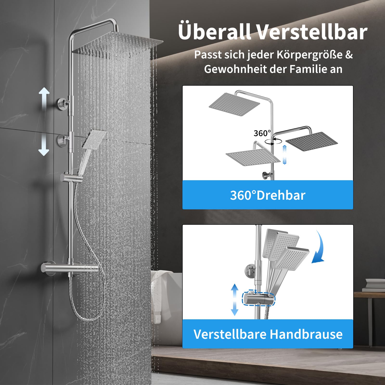 Duscharmatur Komplettset, Thermostat Duschsystem mit 25cm Edelstahl Regendusche, Handbrause, höhenverstellbare Duschstange 88-125cm, Sicherheitssperre 38°C, Anti-Kalk Düsen, Anti-Leck Schlauch, Chrom