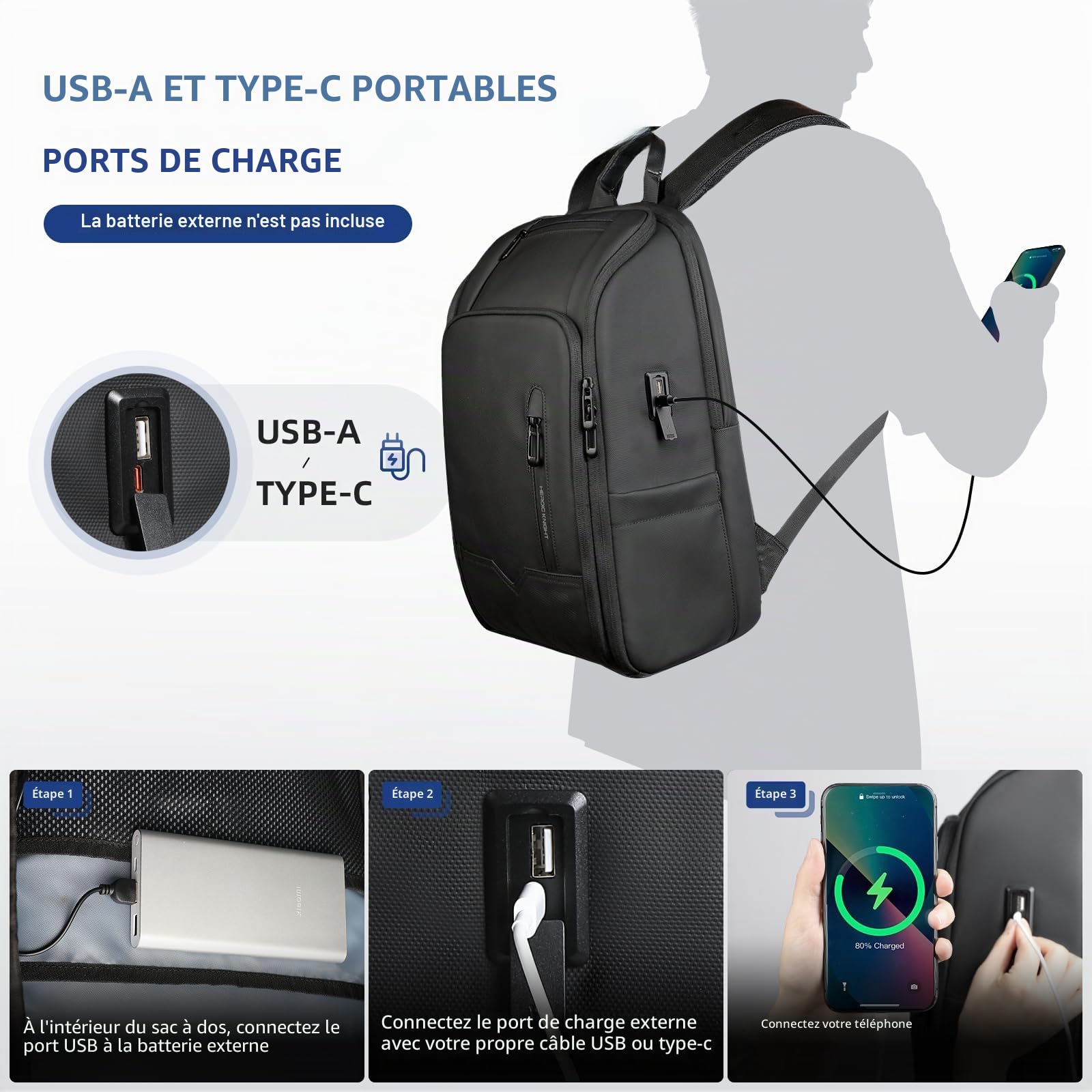Sac à dos Homme pour Ordinateur Portable 15.6 Pouces | Unisexe Bagage à main Laptop étanche pour le bureau, le voyage, l'université avec port USB