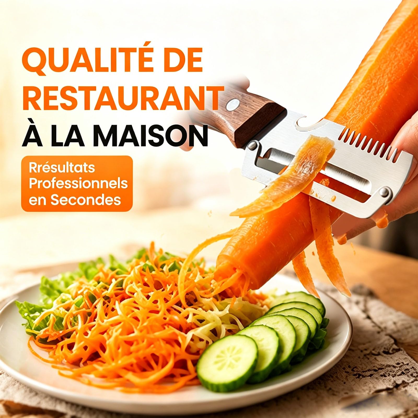 Éplucheur de légumes multifonction 5 en 1 avec lame en acier inoxydable, manche en bois, décapsuleur, écailleur à poisson et coupe-oignon