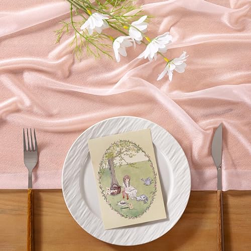 Miniatura 3 de Socomi - Camino de mesa de gasa rosa claro estilo gasa para boda 120 pulgadas de largo estilo bohemio rústico para decoraciones de despedida de