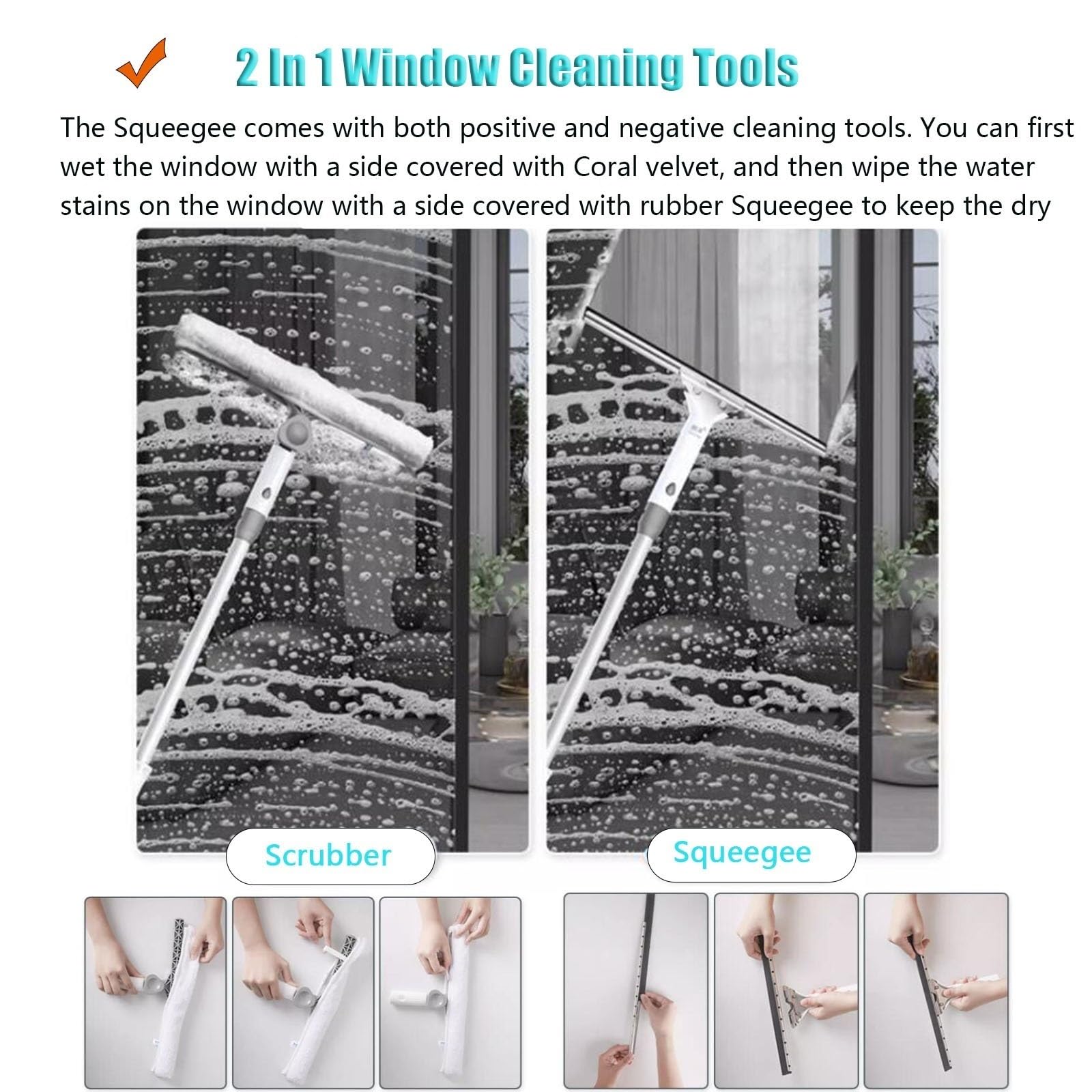 Limpiacristales Limpiador de Ventanas Kit de escobilla de goma para limpieza de ventanas, 2 en 1 Telescópica para ducha/parabrisas/puerta corredera/ventana/coche, con doble hoja lateral de goma y espo