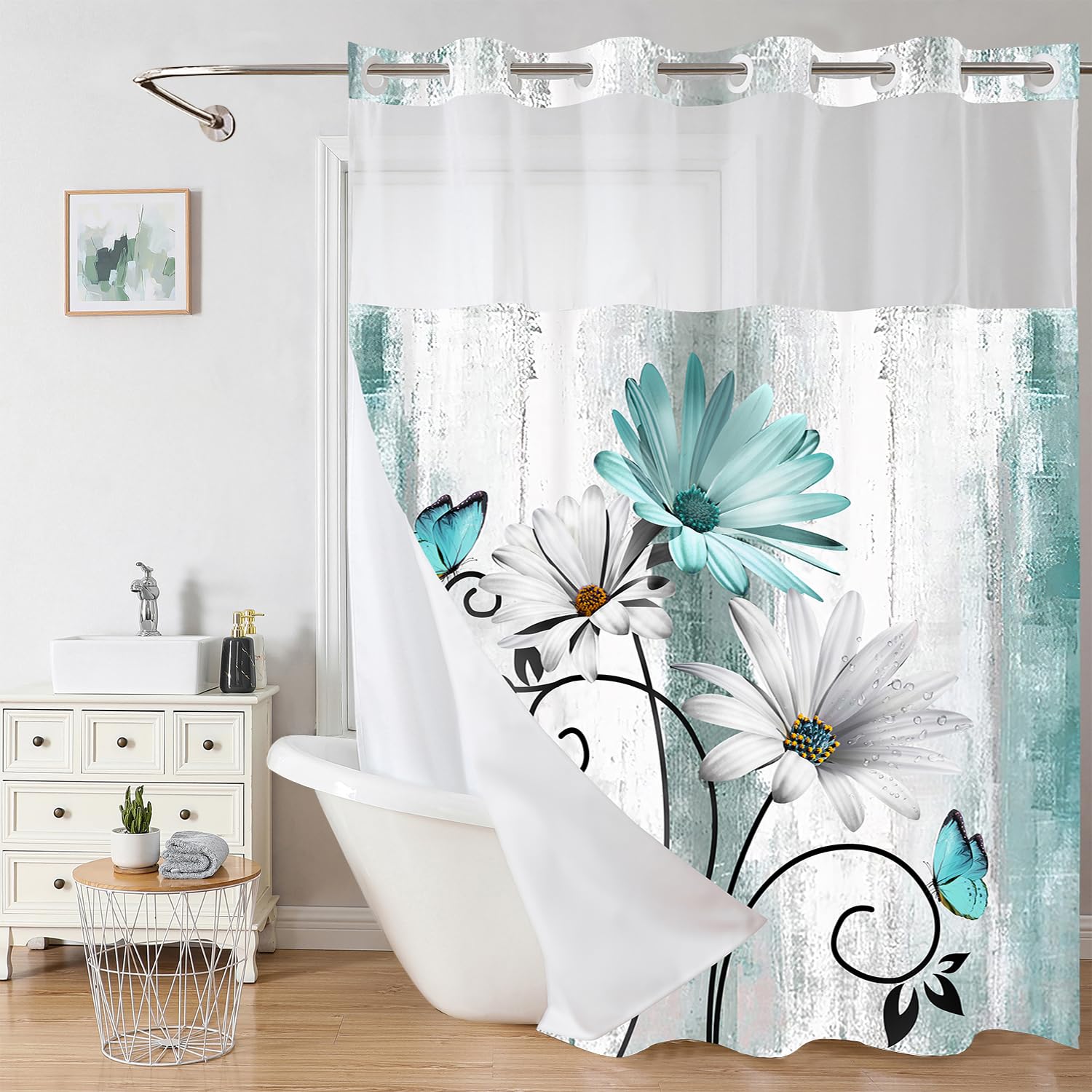 mamrug No Hook Shower Curtain Set with Snap-in Fabric Liner,Farmhouse Teal Flowers and Butterfly Without Hook Shower Curtain with Transparent Mesh Top