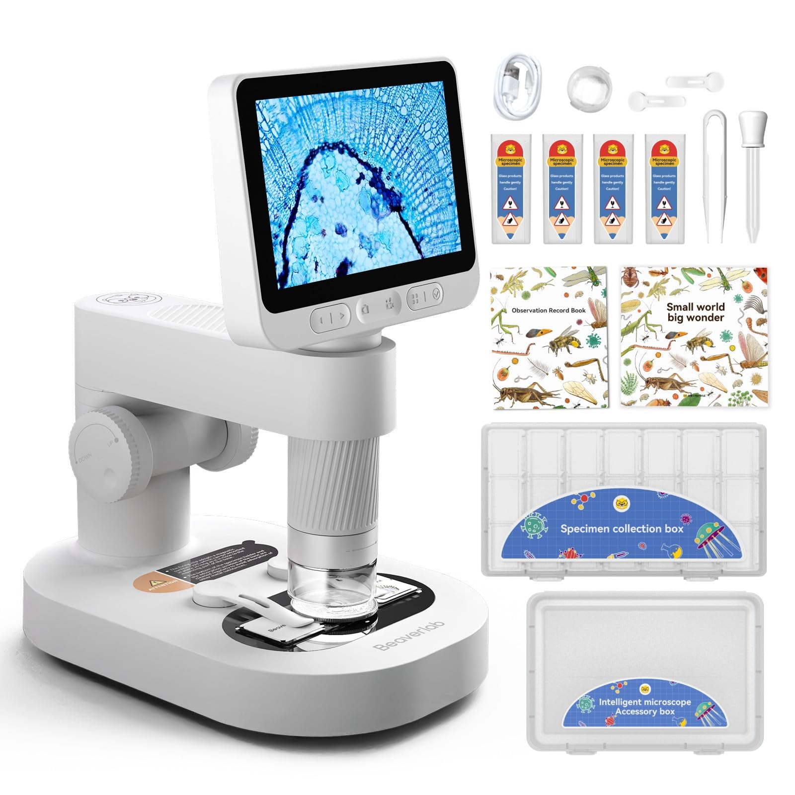 BEAVERLAB 4.0" IPS Digital Microscope for Kids & Adults, 100X-1600X Handheld Microscope with 1080P HD, LED Lights, USB & WiFi microscope for Science Lab, School & Home Education