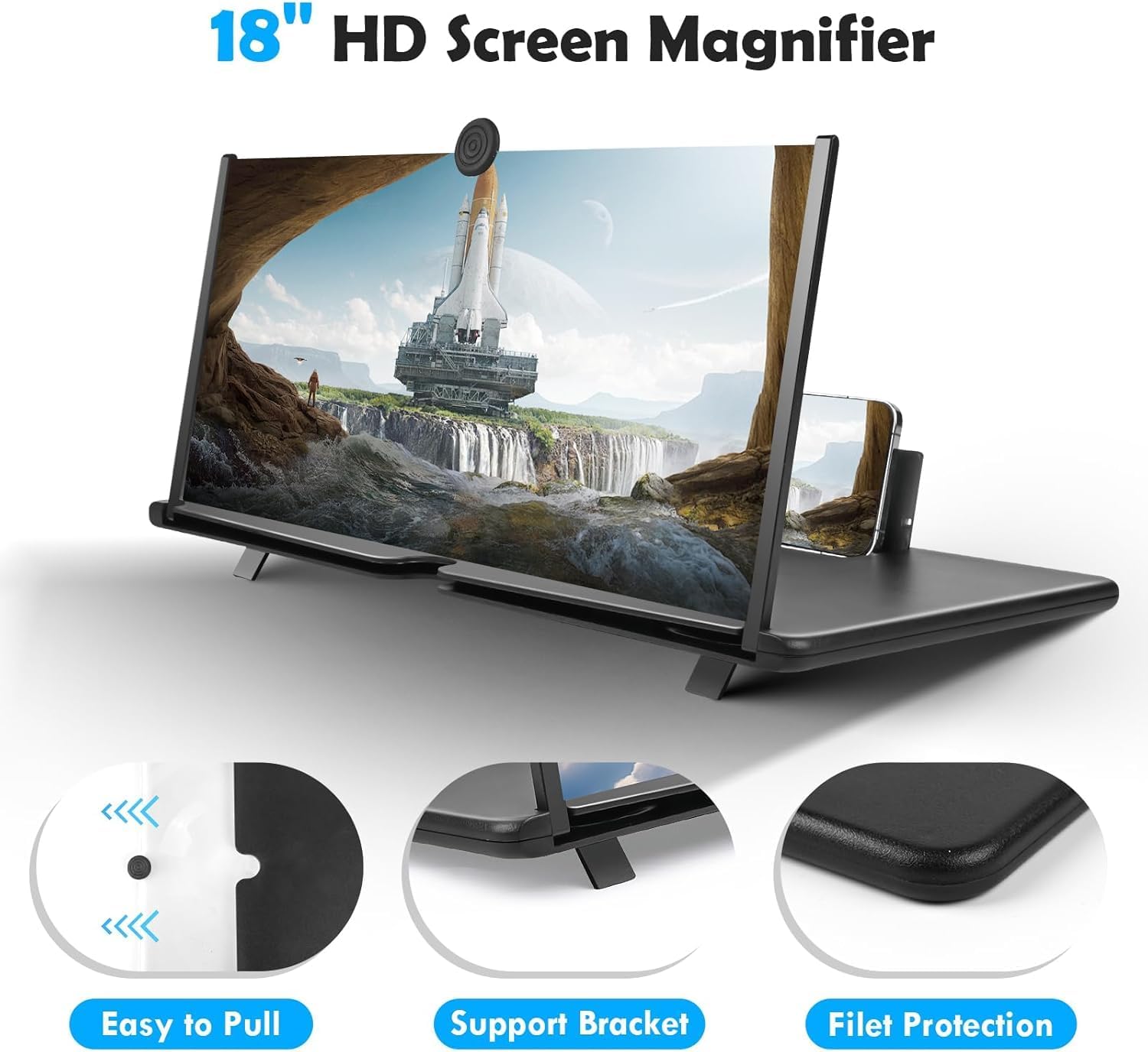 Amplificateur d'écran Lumineux de 18 Pouces, loupe d'écran Anti-Bleu 3D HD pour téléphone Portable, Support Pliable Portable pour Films, vidéos et Jeux, Compatible avec Tous Les Smartphones