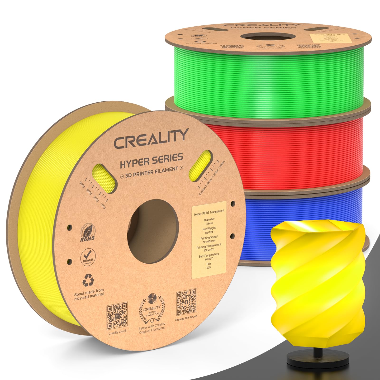 Creality Hyper PETG Filament for K1/K1 Max/K1C, High Speed 30-600mm/s 3D Printer Filament PETG, No Stringing Good Layer Adhesion Fit Various 3D Printers 4KG