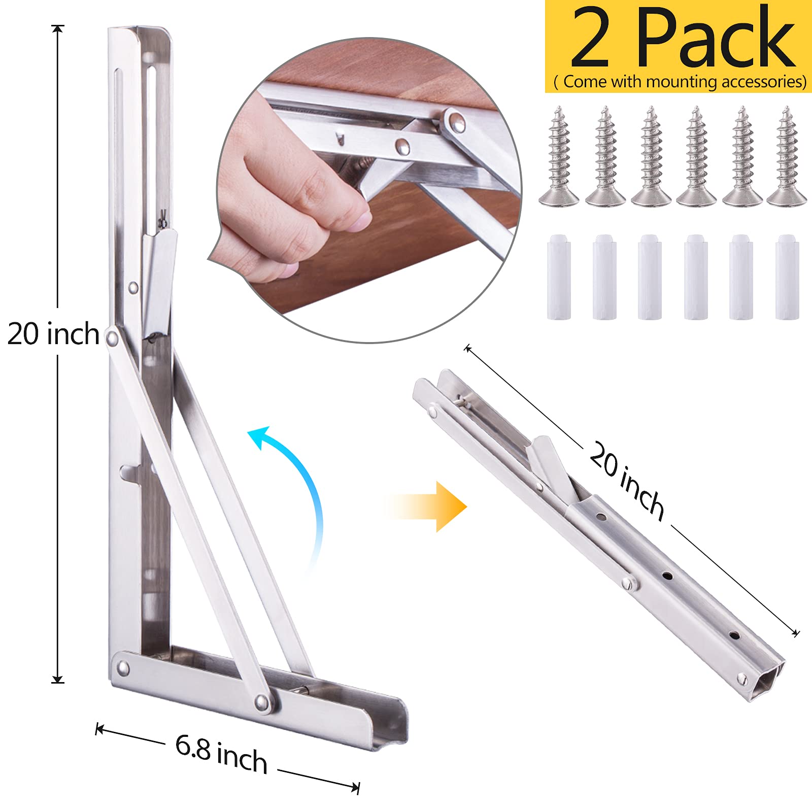 Pynsseu 20 inch Folding Shelf Brackets,Heavy Duty Stainless Steel Collapsible Shelf Bracket Wall