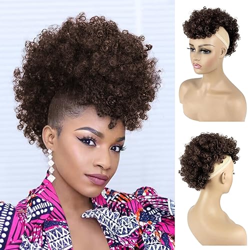 Miniatura 6 de Cola de caballo Afro Puff Mohawk Jerry Curls Afro Puff Cola de caballo sin cordón con flequillo sintético Fauxhawks corto Afro Puff Kinky Kinky