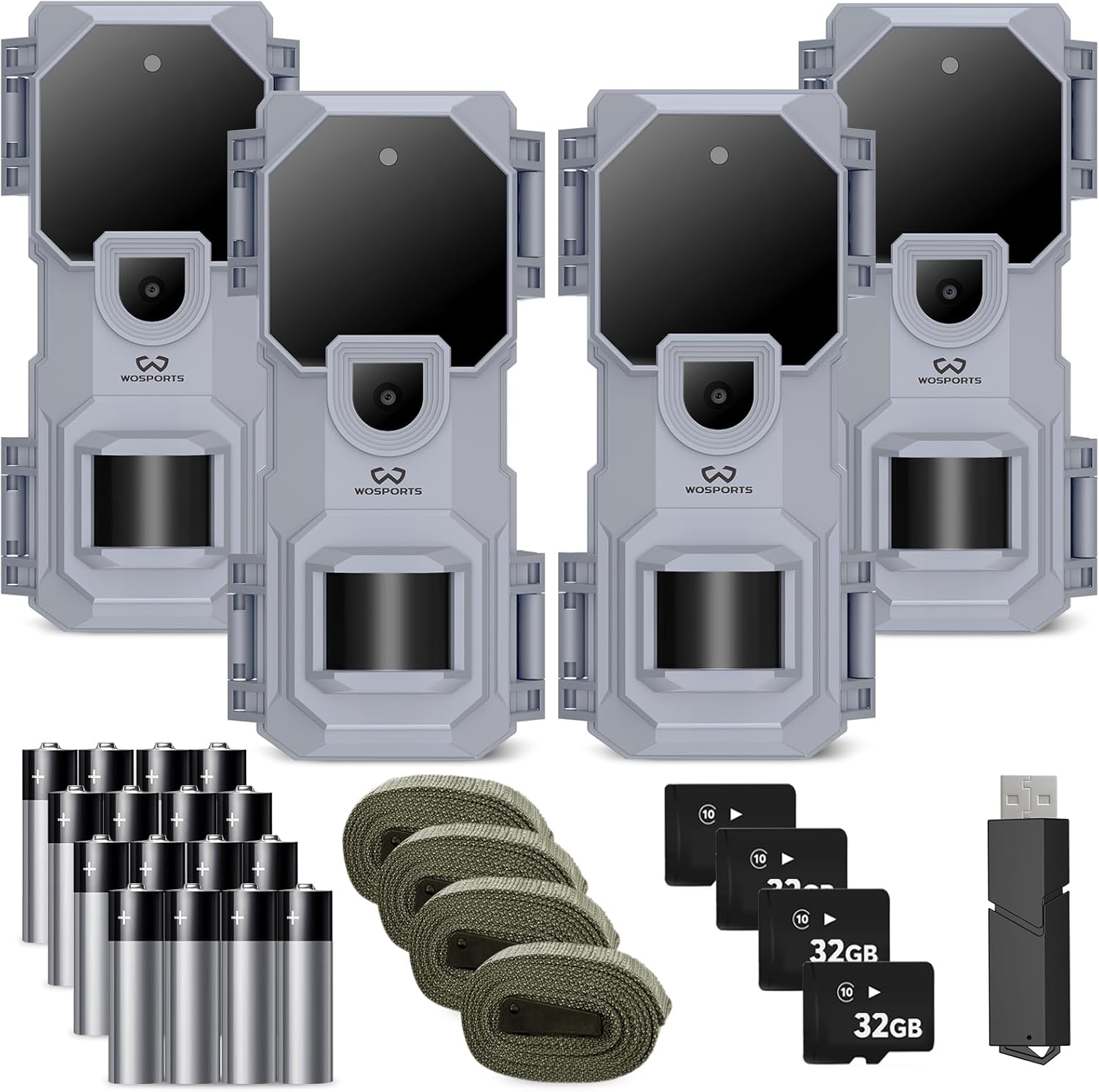 WOSPORTS Trail Camera 4 Pack 32MP 1080P HD Deer Camera with 32GB SD Card Game Cameras with Night Vision Motion Activated Waterproof for Outdoor Wildlife Monitoring with Card Reader