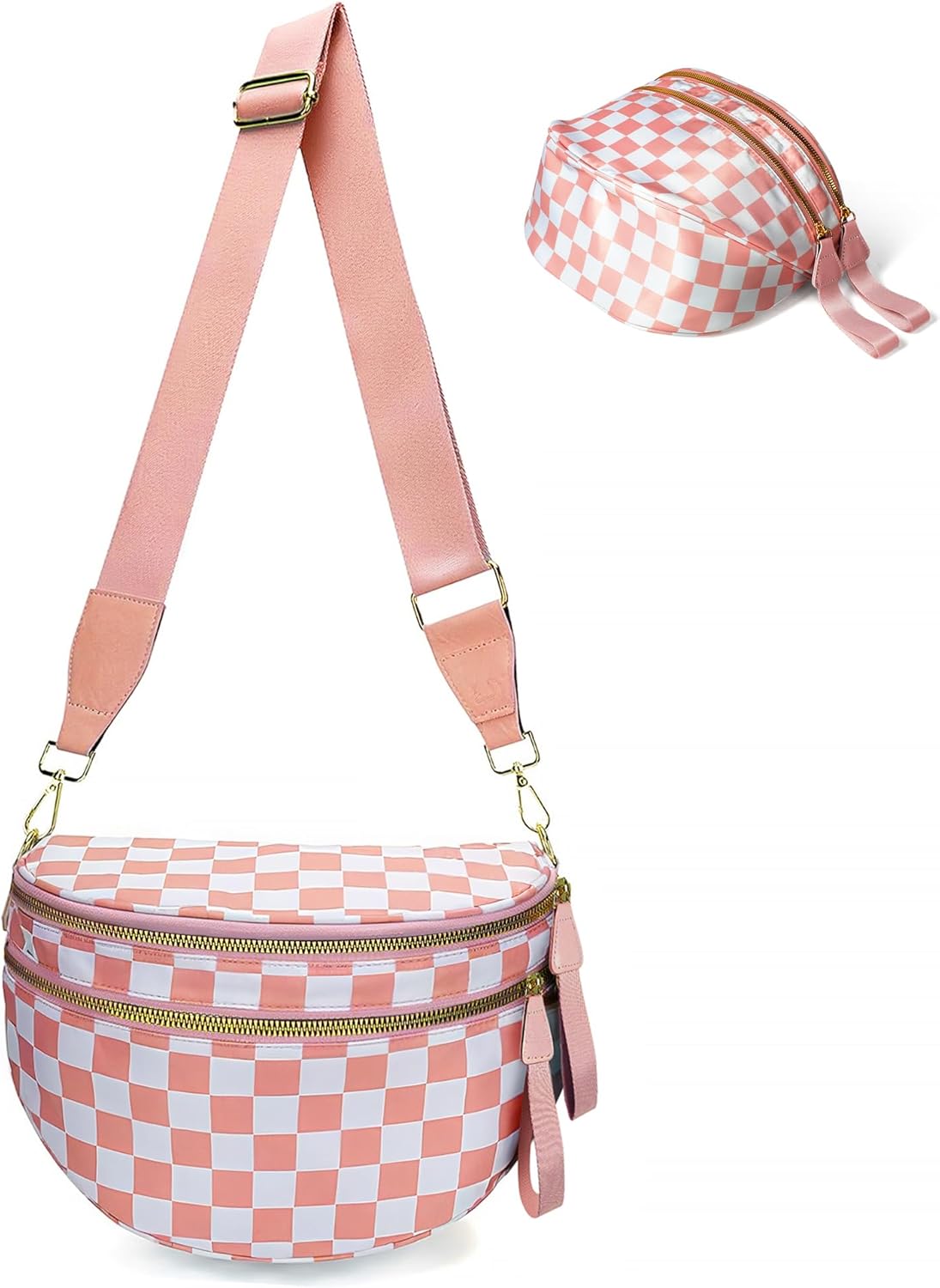 Checkered Crossbody Bag Bum Bags for Women, Spacious Nylon Fanny Packs Belt Wallet (pink checkered)