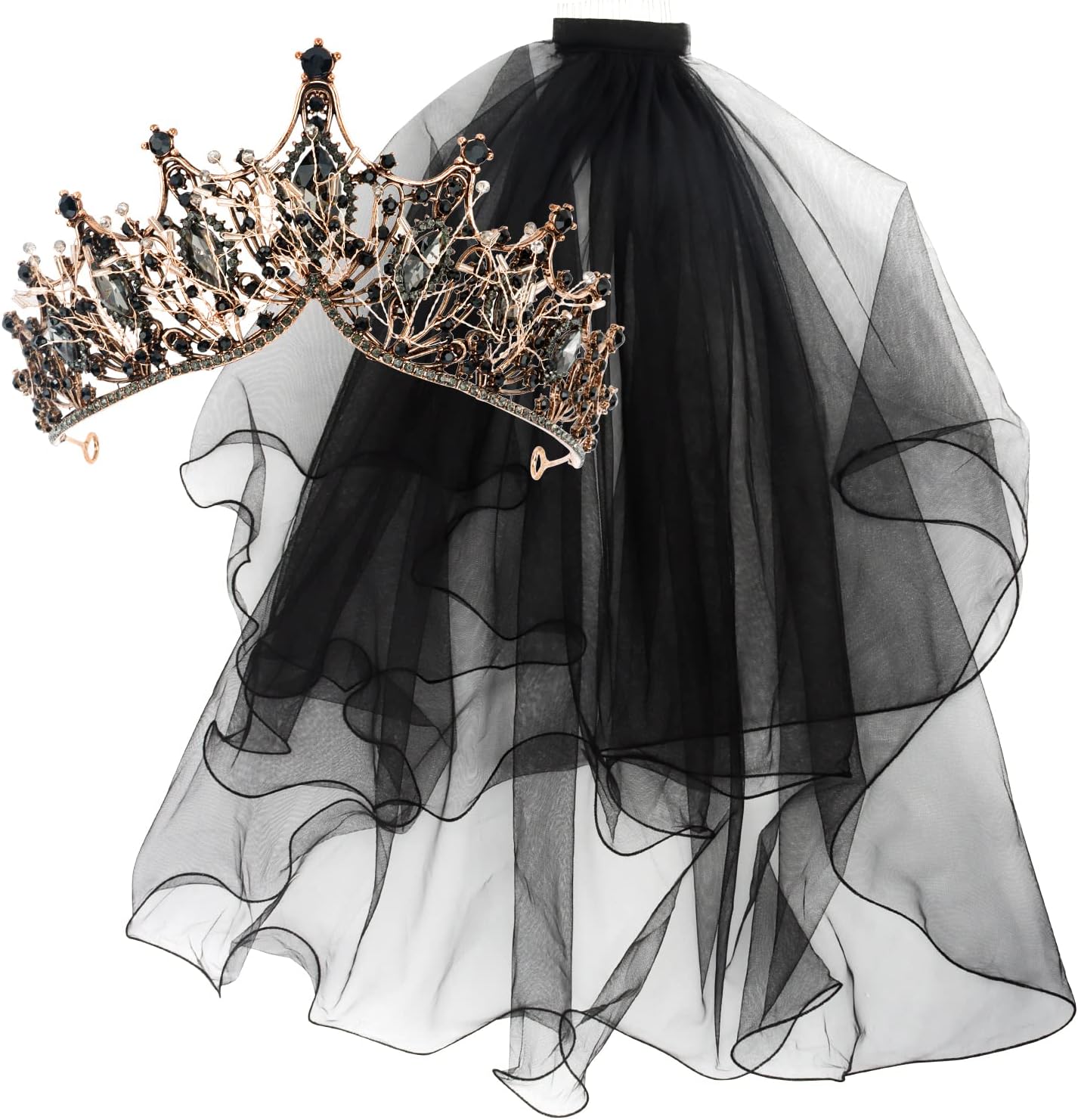 CUBACOBlack Veil Brides Crystal Prom Queen Tiara - Gothic Halloween Cosplay Accessory for Women's Birthday Parties & Bachelorette Decorations