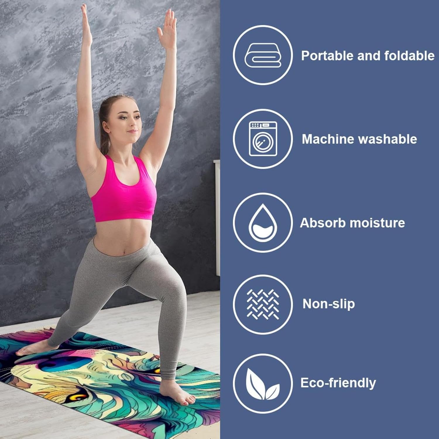 Yoga Towel, Wolf Animal Print Non Slip Sweat Absorbent Hot Yoga Mat Towel for Hot Yoga, Pilates and Fitness - 72.8" x 26.8"