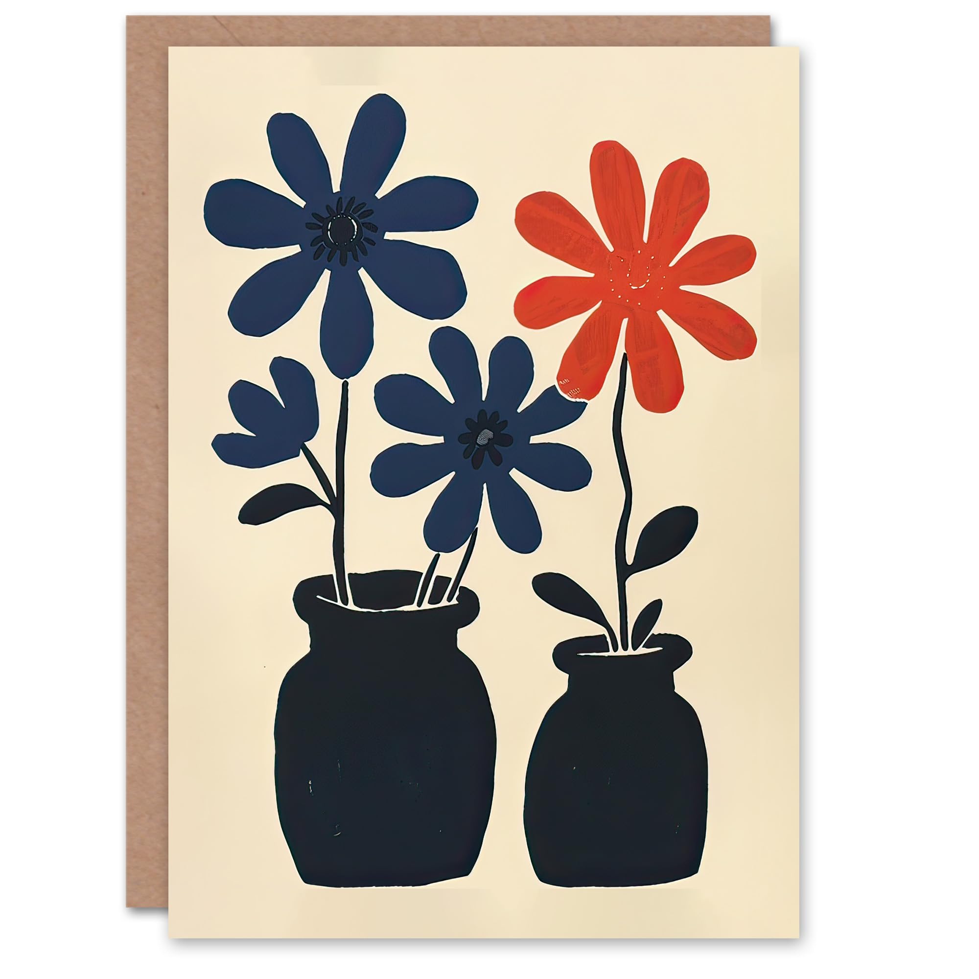 Artery8 Greeting Card Simple Blue Red Daisy Flowers in Pots Folk Art For Her Woman Birthday Card