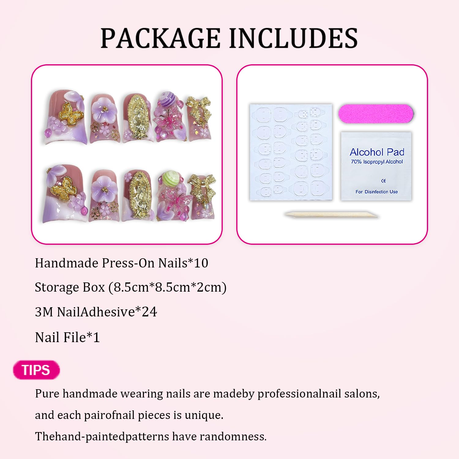 Duck Handmade Press on Nails Purple White Gradient 3D Flower False Nails with Lollipop & Bow Design Butterfly Fake Nail Full Cover Acrylic Nails Thicked Muti-Layer Gel Stick on Nail for Women (M)